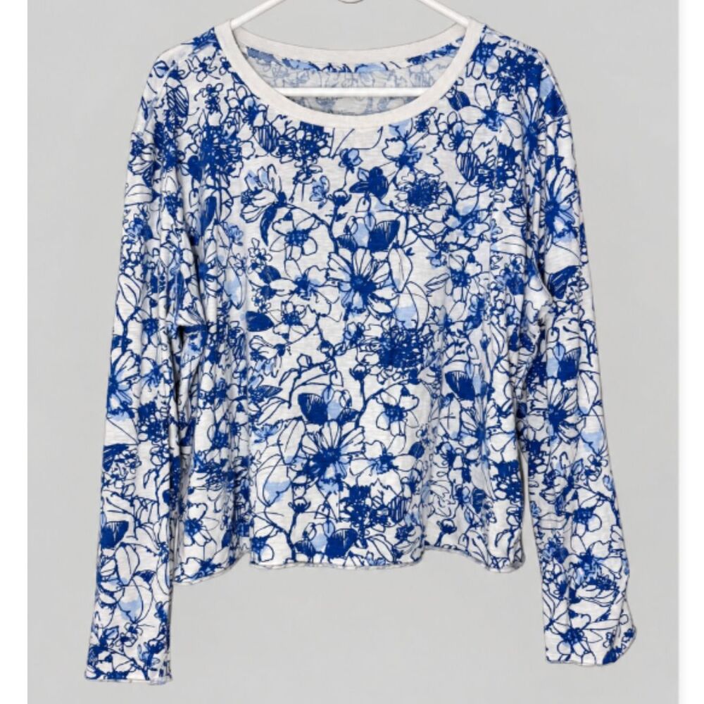 Anthropologie Maeve Blue White Floral Cotton Long Sleeve Tee XL Artsy Behemian
